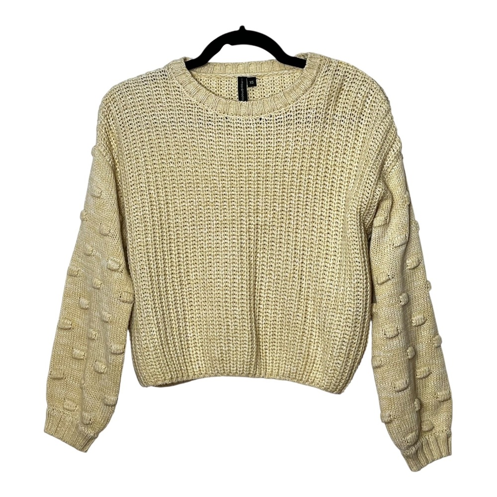 Moon & Madison Womens XS Cream Chunky Knit Bobble Sleeve Crewneck Sweater Beige